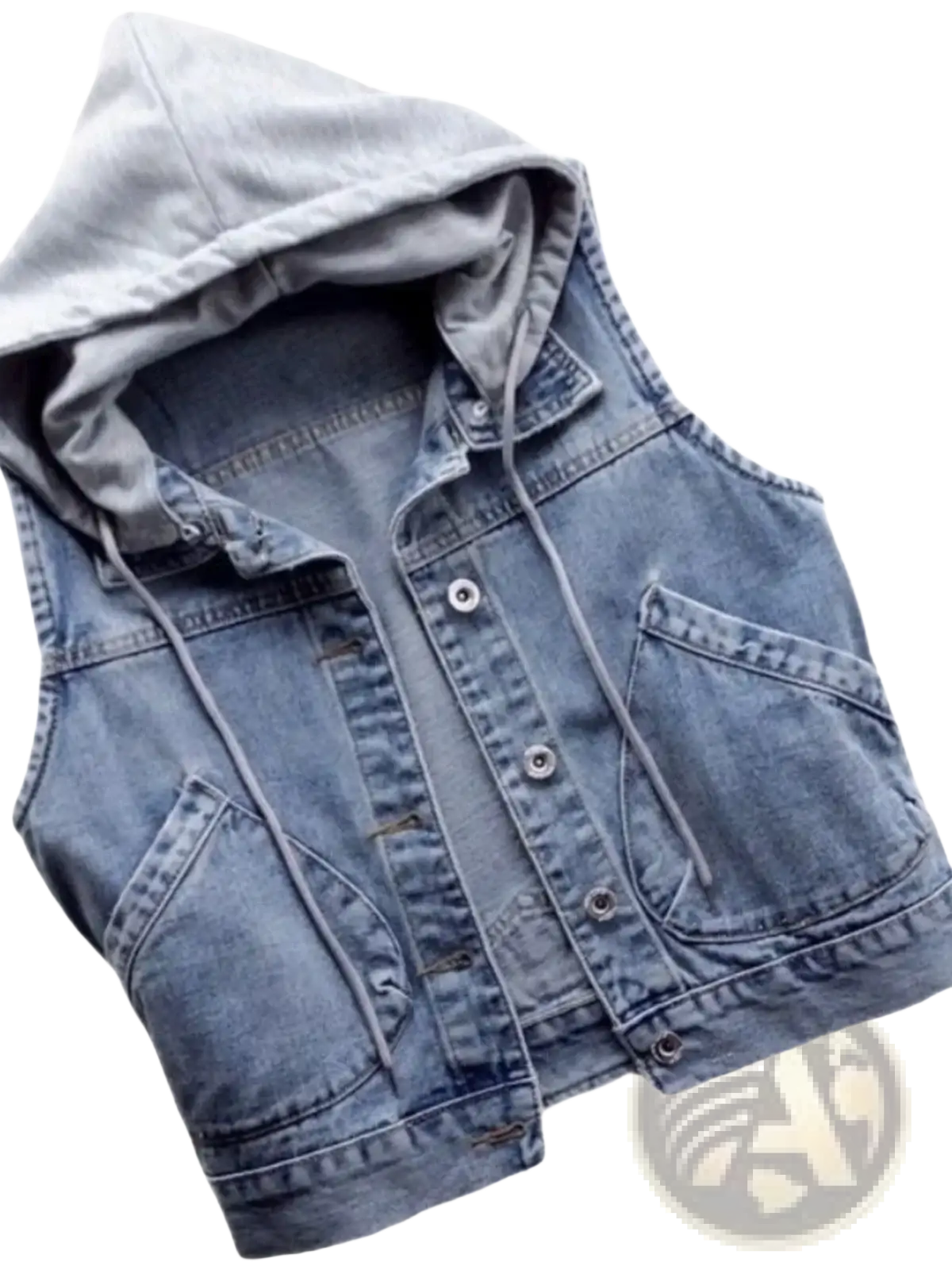 A light-wash denim vest for women featuring a hood and front button closure ideal for casual summer wear
