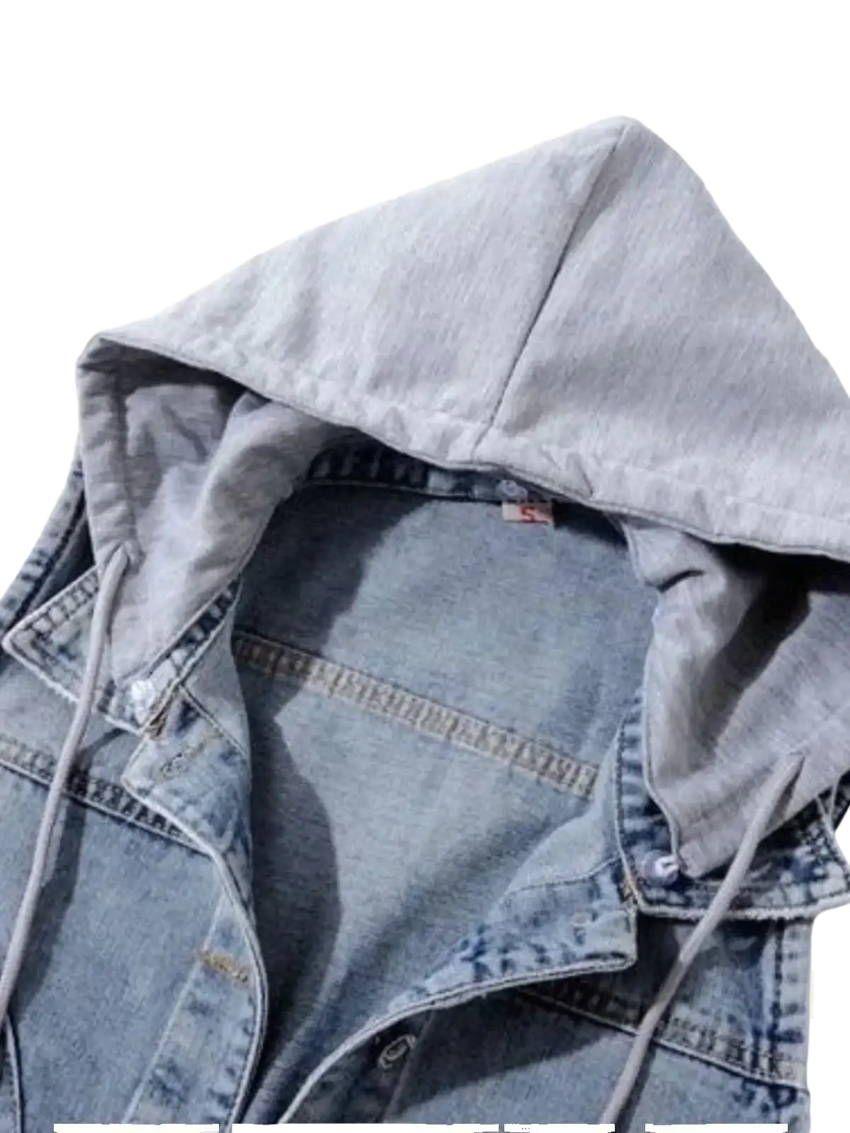 Women hooded denim vest casual summer sleeveless jacket in light-wash denim with soft faded texture and classic stitching details