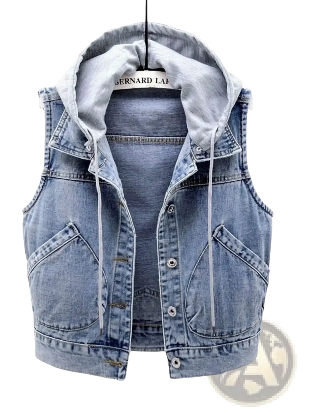 Women hooded denim vest casual summer sleeveless jacket in light-wash denim with gray lining and button closures