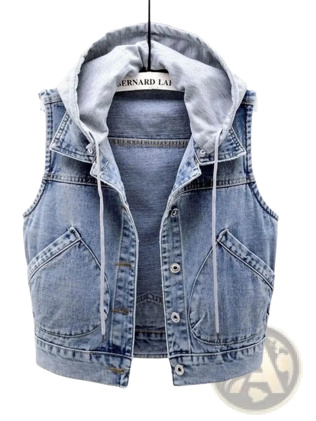 Women hooded denim vest casual summer sleeveless jacket in light-wash denim with gray lining and button closures