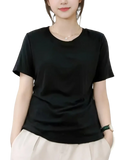 Black short-sleeved crew neck top made of smooth lightweight fabric paired with women hooded denim vest jacket