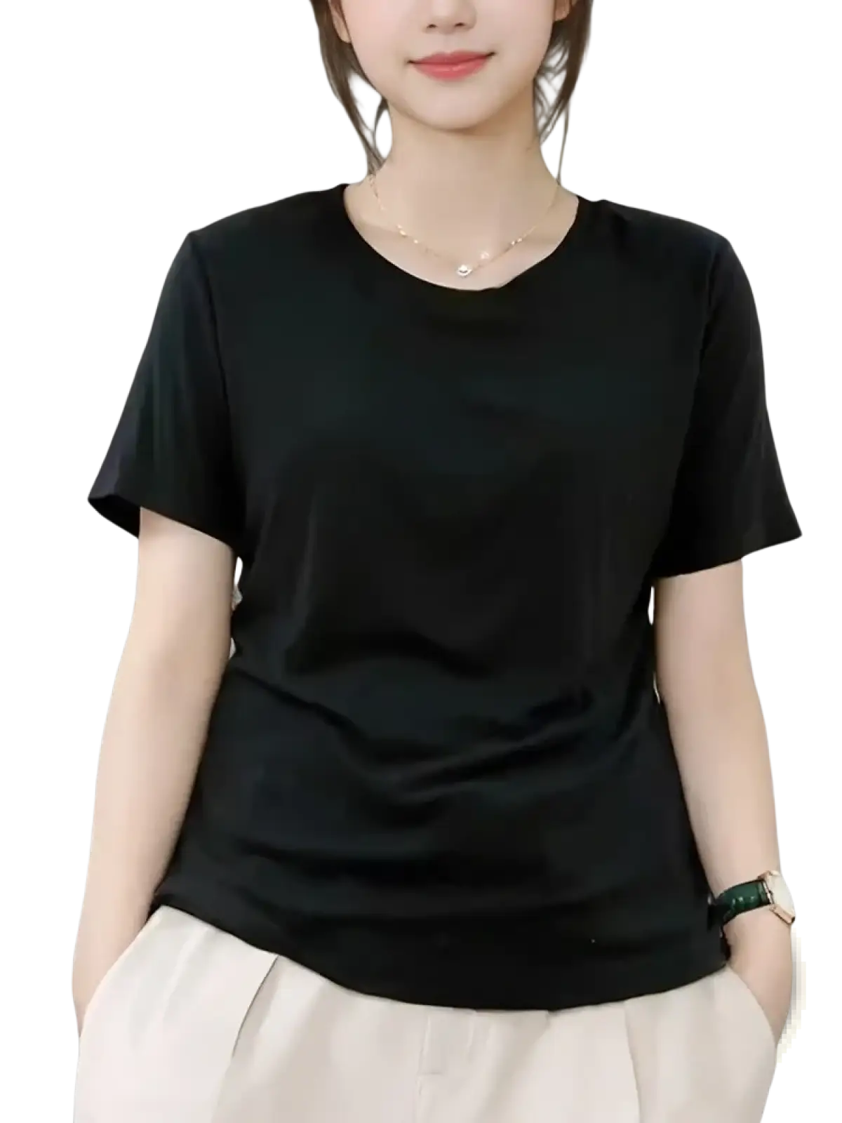 Black short-sleeved crew neck top made of smooth lightweight fabric paired with women hooded denim vest jacket