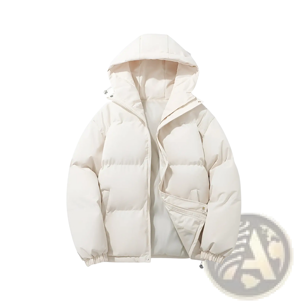 Cream-colored women hooded padded puffer jacket with quilted design, elastic cuffs, and warm insulation for cold weather