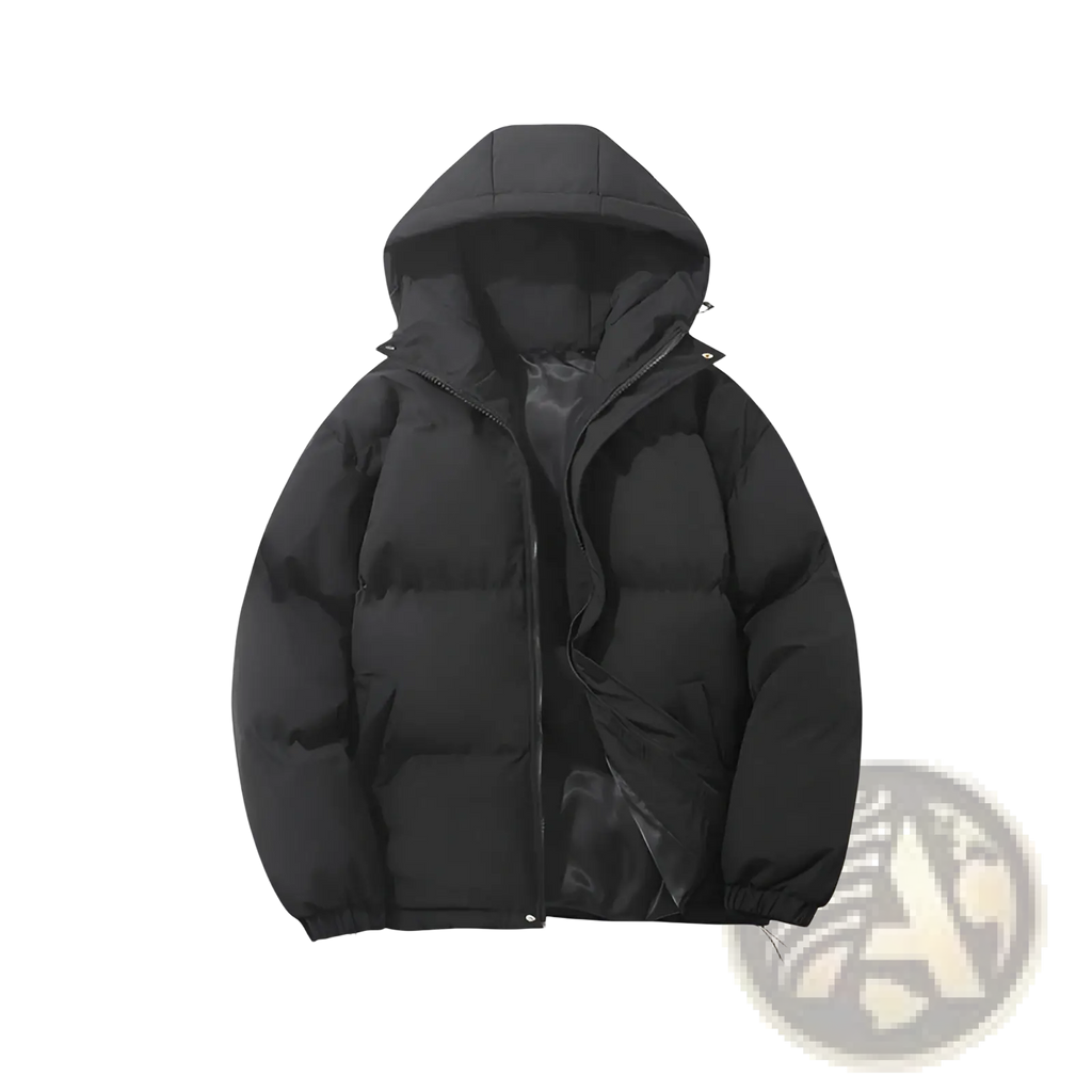 Black women hooded padded puffer jacket with quilted design and insulated material for cold weather