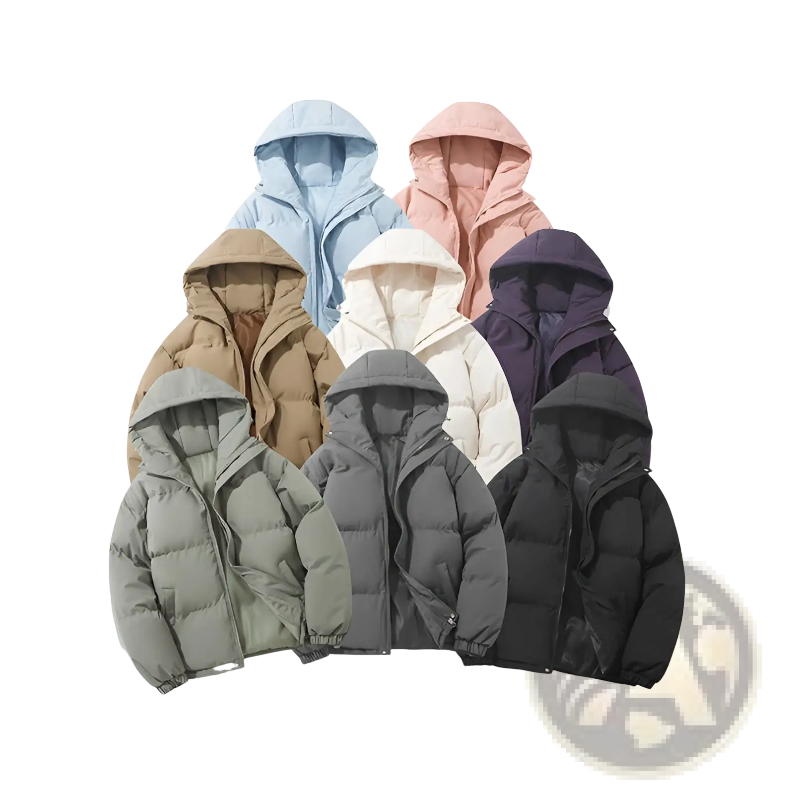 A collection of women hooded padded puffer jackets in soft pastel and neutral tones with quilted insulation