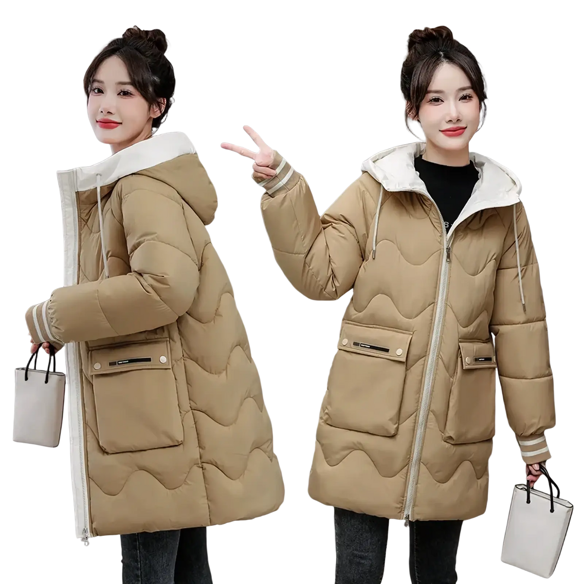 Beige women hooded padded winter jacket with quilted design white faux fur-lined hood and ribbed cuffs for warmth