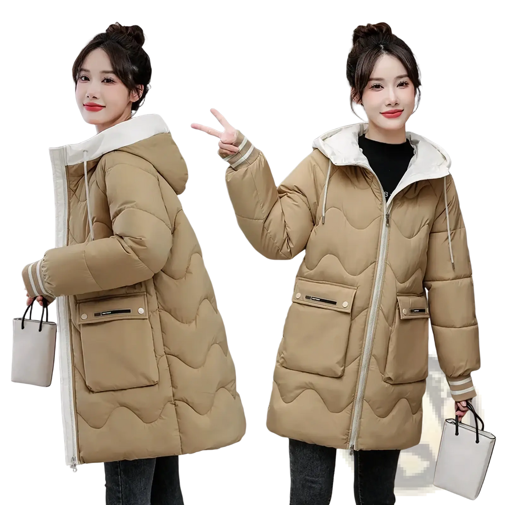 Beige women hooded padded winter jacket with quilted design white faux fur-lined hood and ribbed cuffs for warmth