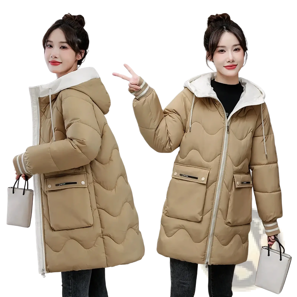 Beige women hooded padded winter jacket with quilted design white faux fur-lined hood and ribbed cuffs for warmth
