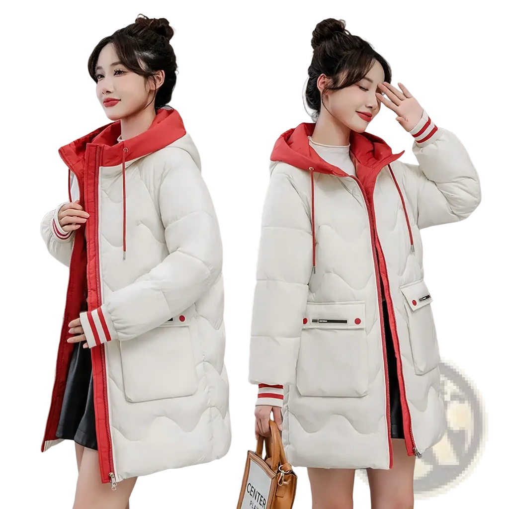 Women hooded padded winter jacket in cream with red hood and trim featuring quilted design and striped cuffs
