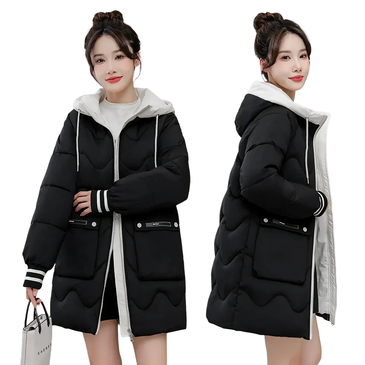 Women hooded padded winter jacket in black puffer material with a white hood and striped cuffs for cold weather use