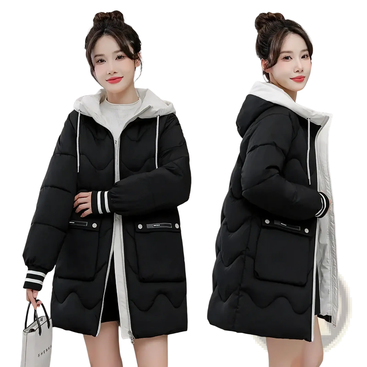 Women hooded padded winter jacket in black velvet with white hood and striped cuffs for cold weather use