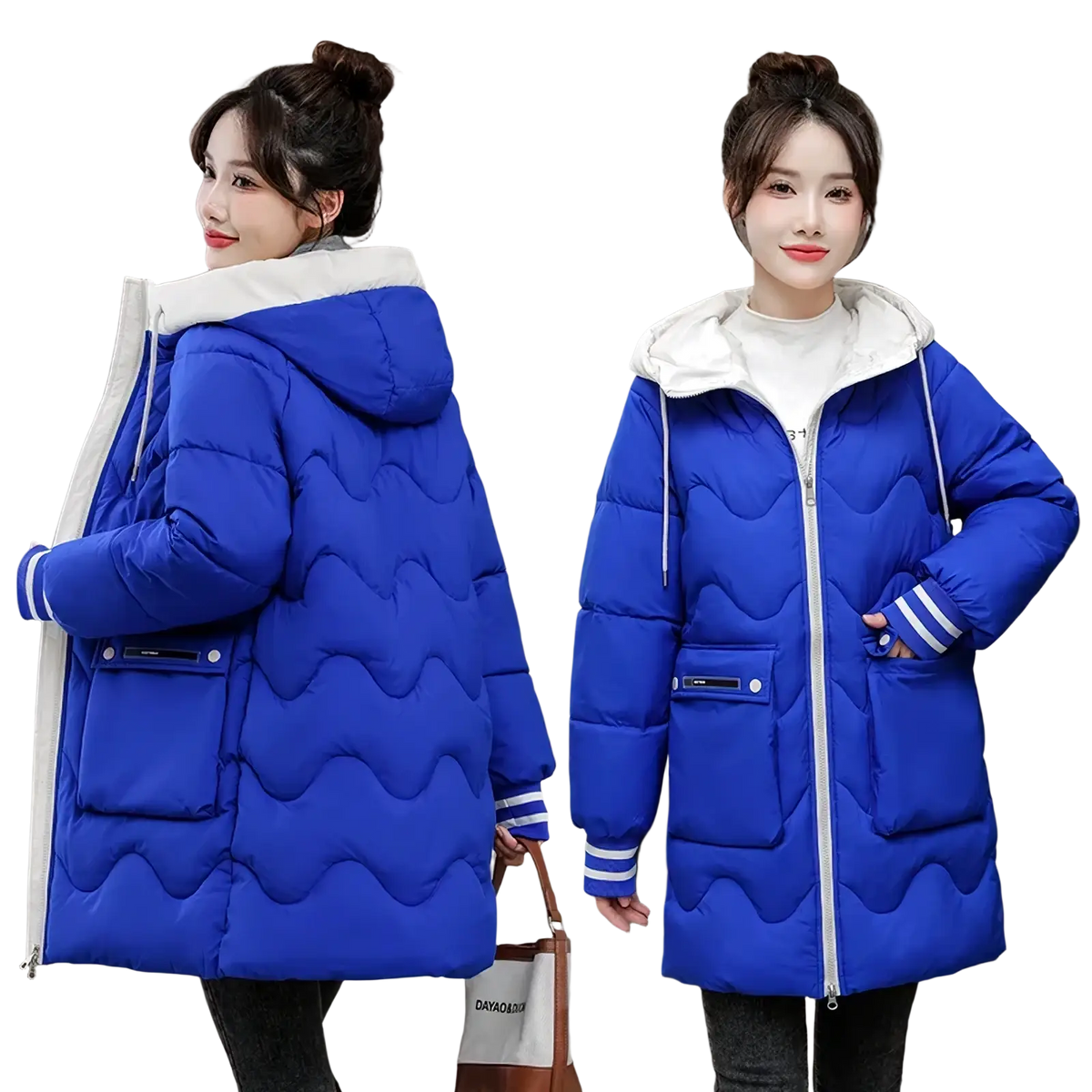 Women hooded padded winter jacket in bright royal blue quilted fabric with white faux fur-lined hood and striped cuffs