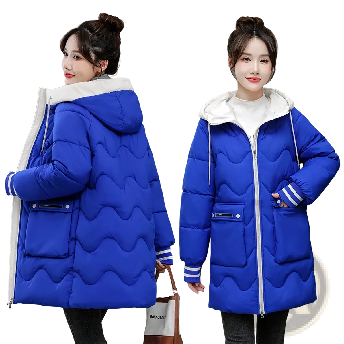 Women hooded padded winter jacket in bright royal blue quilted fabric with white faux fur-lined hood and striped cuffs
