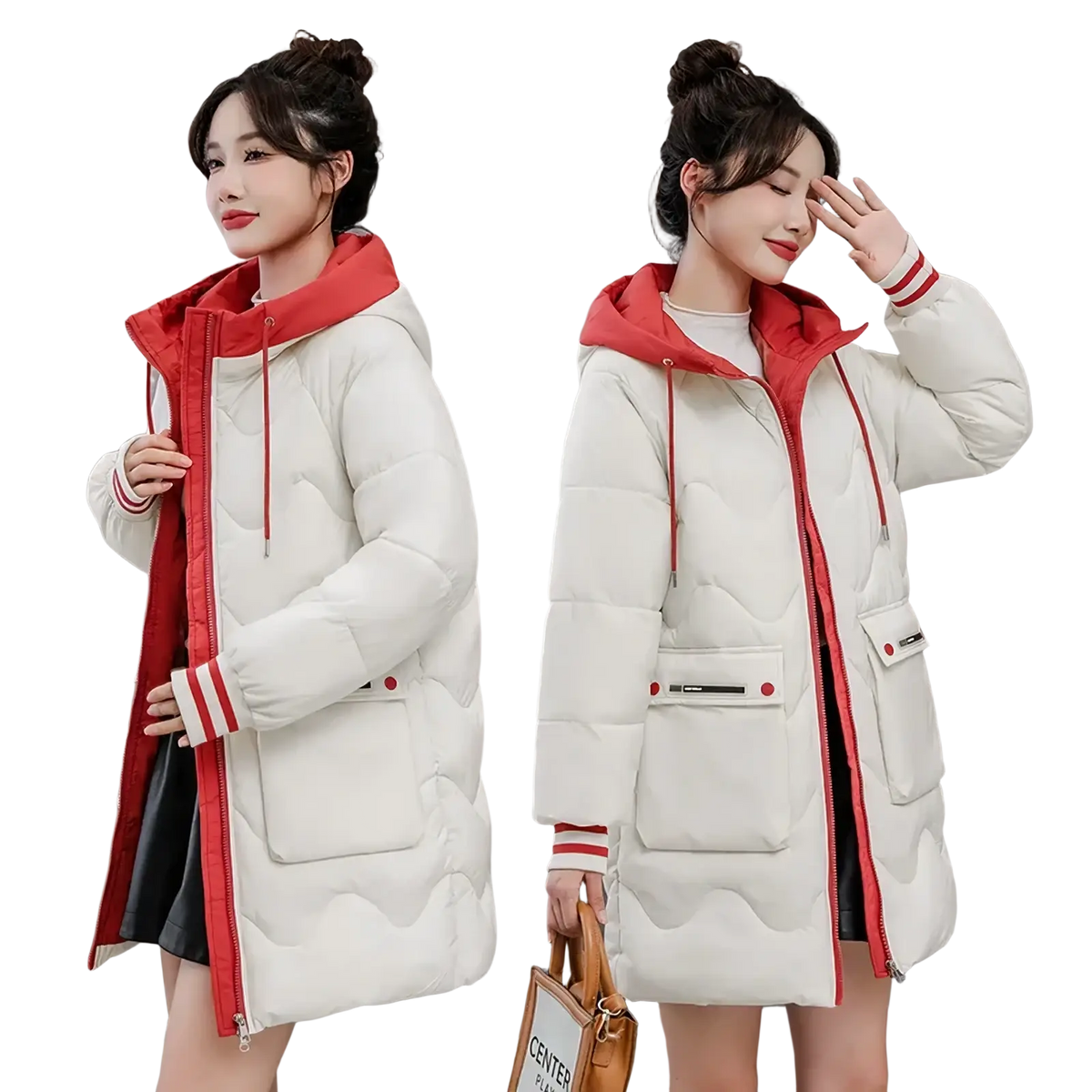 Women hooded padded winter jacket cream-colored with red quilted puffer design and striped cuffs for cold weather