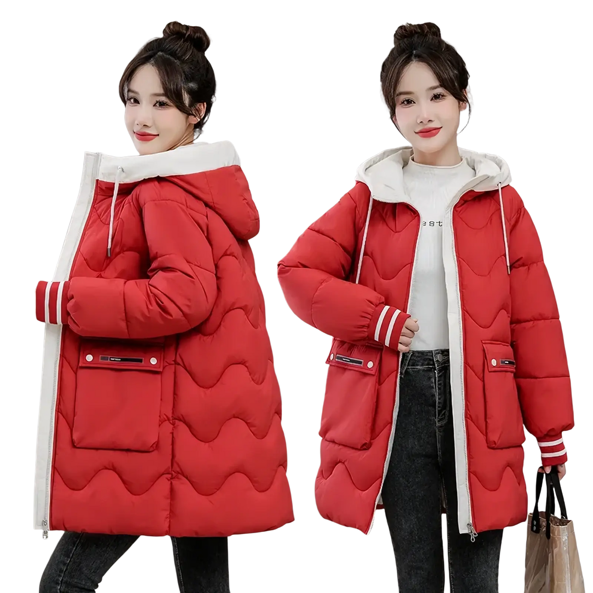 Women hooded padded winter jacket in red quilted fabric with white hood lining and striped cuffs for cold weather use