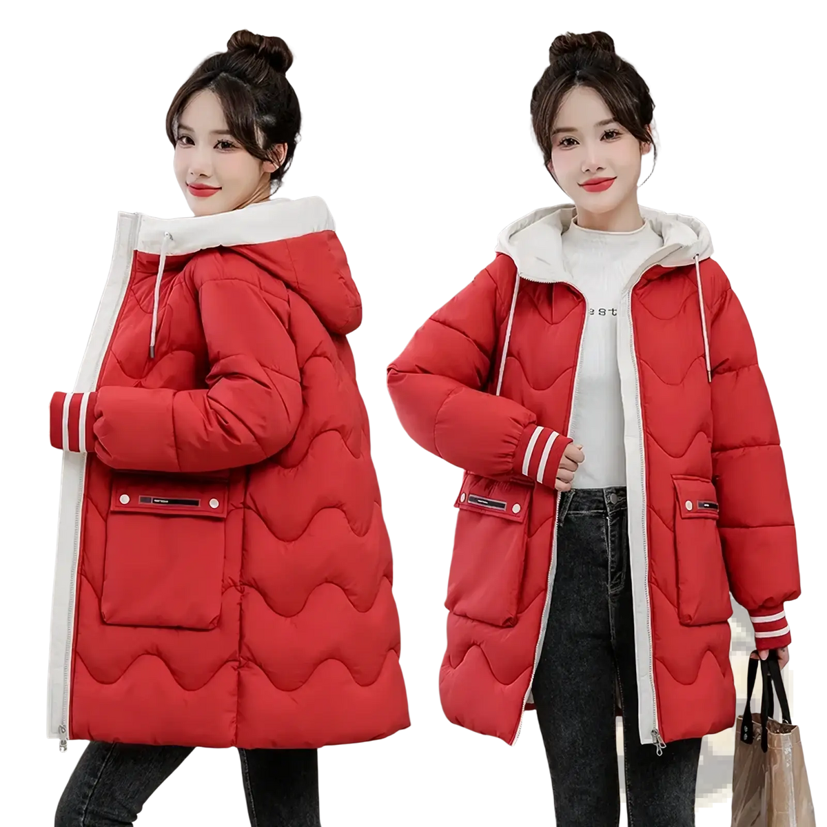 Women hooded padded winter jacket in red quilted fabric with white hood lining and striped cuffs for cold weather