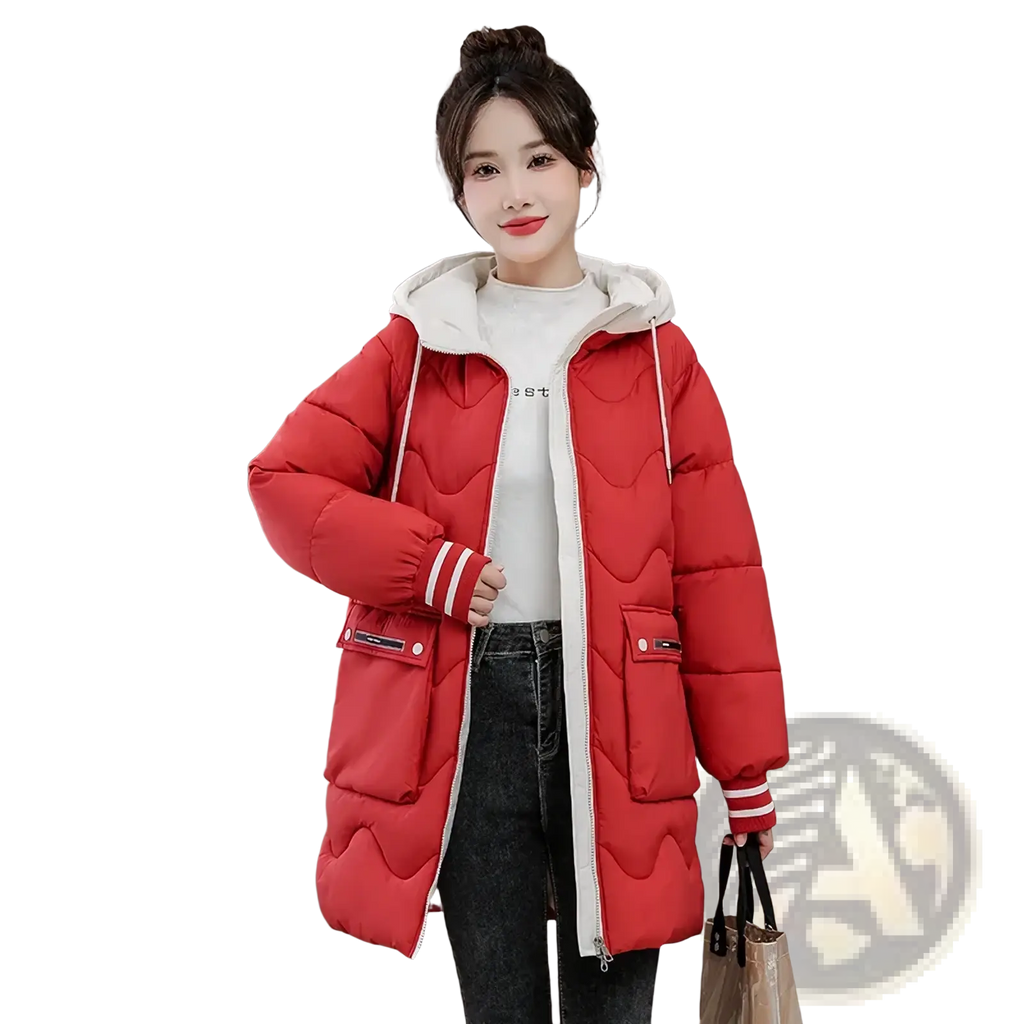 Women hooded padded winter jacket in red quilted fabric with white-lined hood and striped cuffs for cold weather