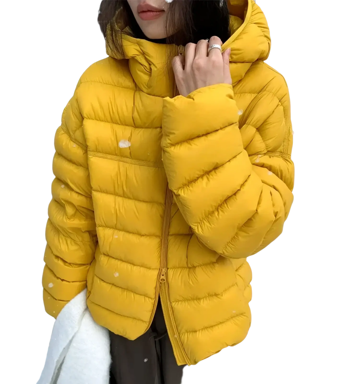 Bright yellow quilted hooded puffer jacket with zipper closure designed as a warm winter coat for women