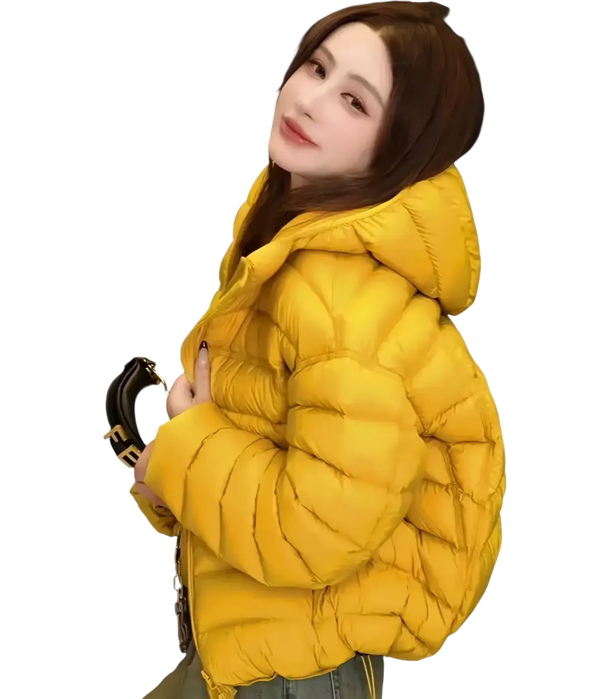 Bright yellow quilted hooded puffer jacket for women designed as a warm winter coat