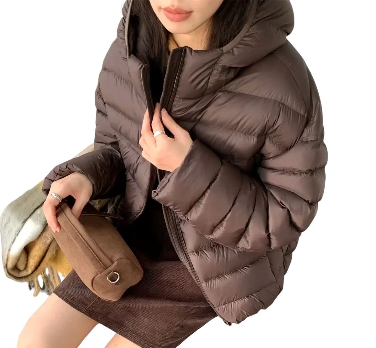 Brown hooded puffer jacket with quilted design for women warm winter coat made of insulated material