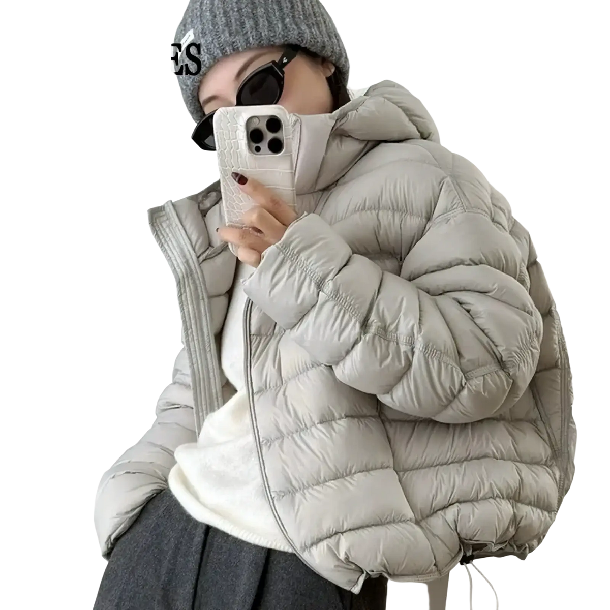 Women hooded puffer jacket in light gray with quilted design and warm hooded winter coat for cold weather