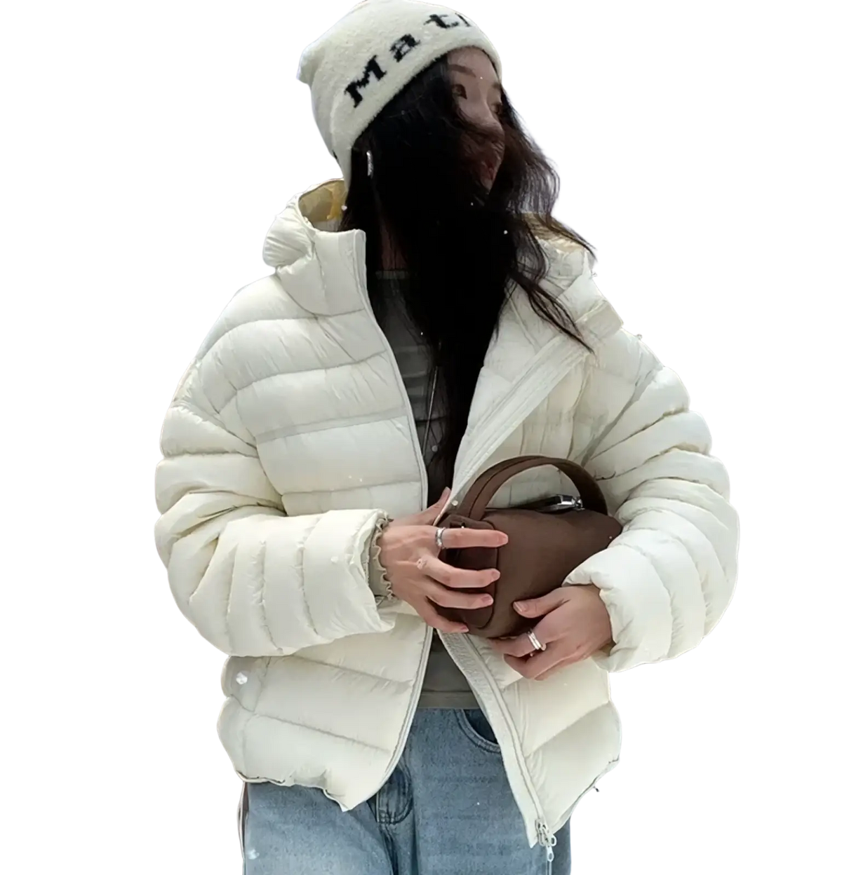 Cream-colored quilted hooded puffer jacket with zipper closure designed for women warm winter wear