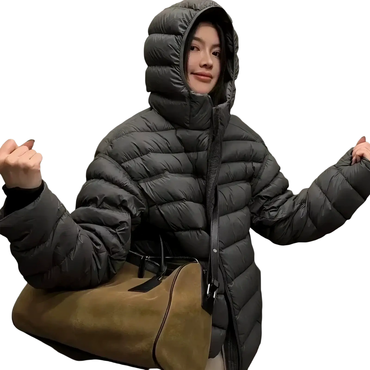 Dark gray quilted hooded puffer jacket for women warm winter coat designed for cold weather