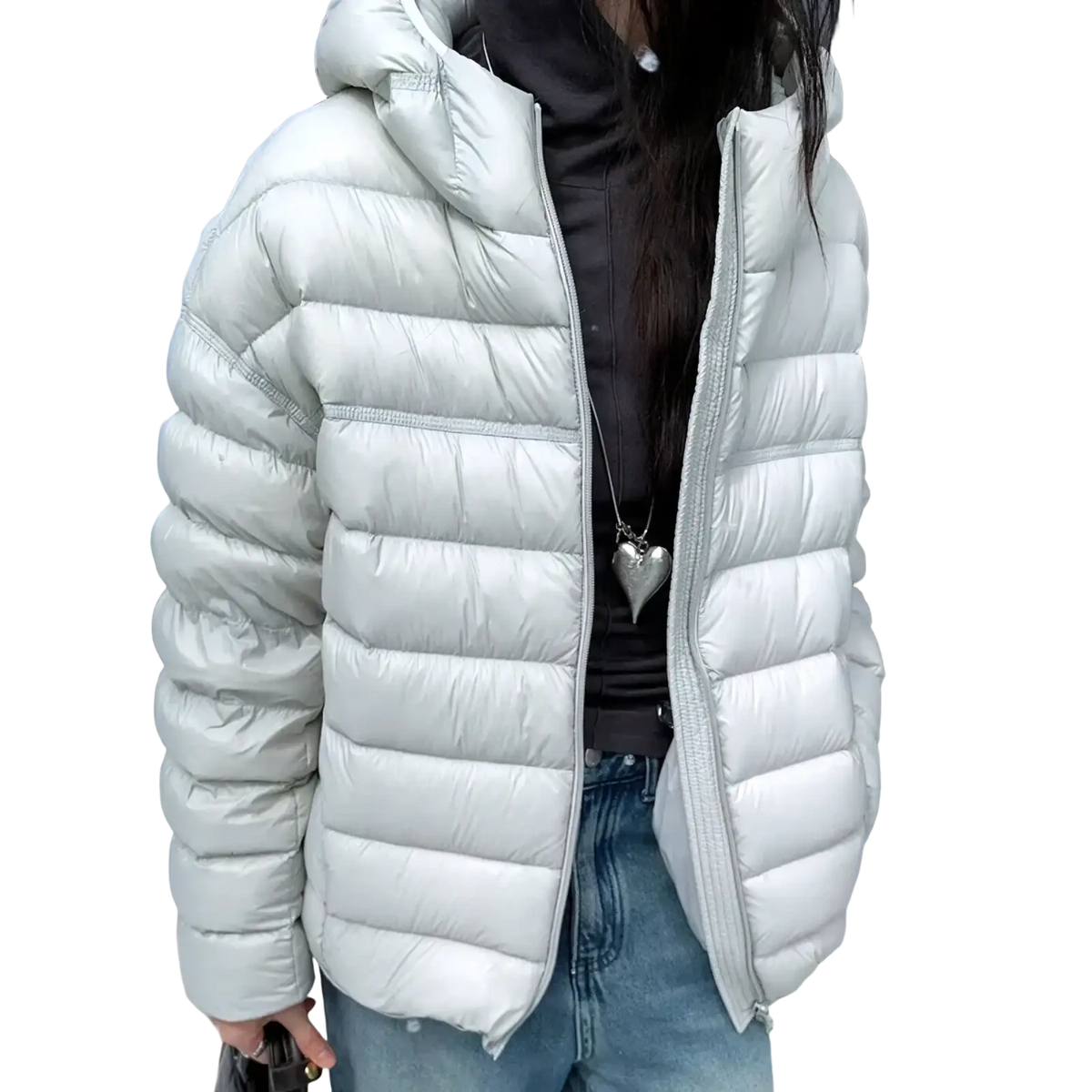 Women hooded puffer jacket warm winter coat in light gray quilted down with front zipper for cold weather