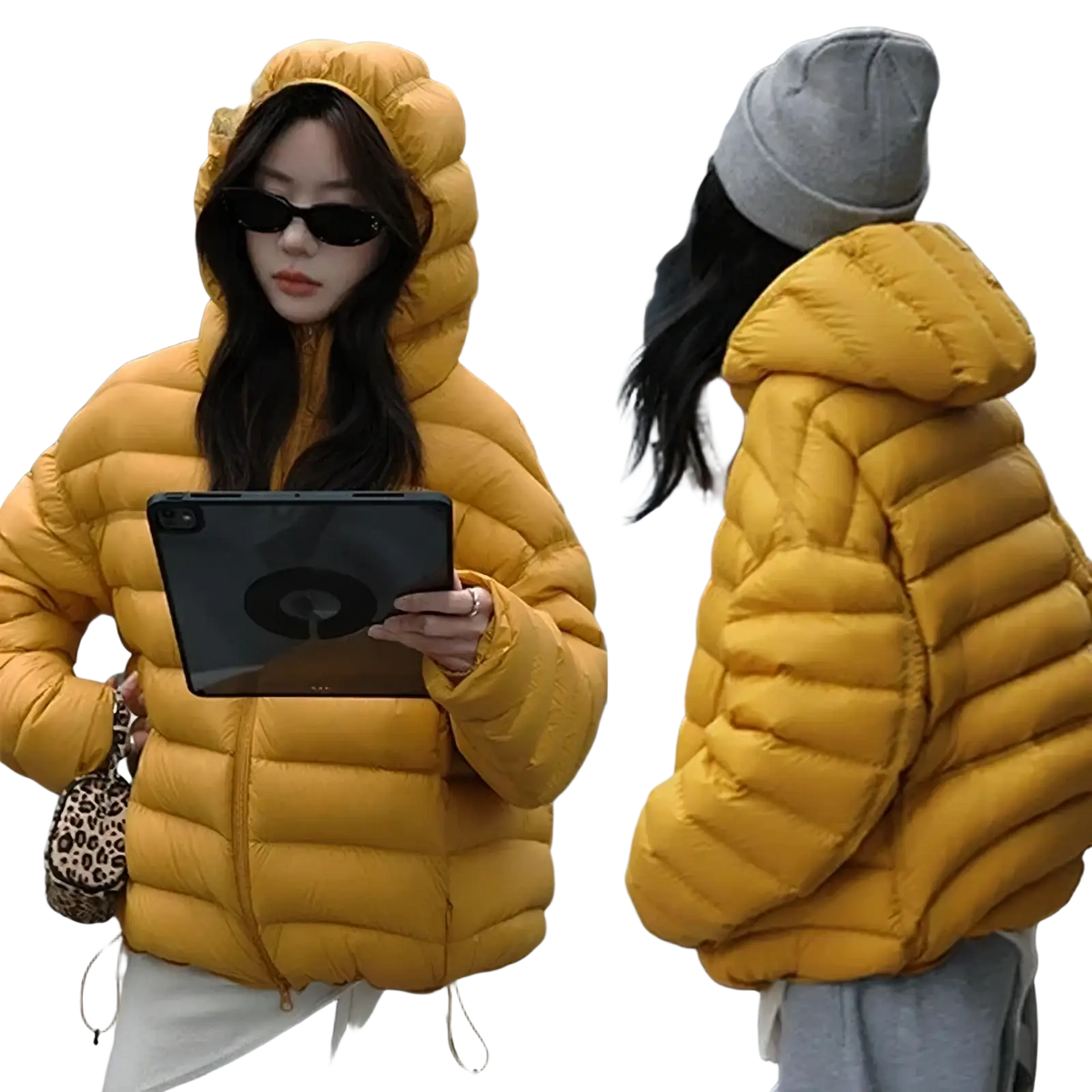 Yellow women hooded puffer jacket with quilted design for warm winter wear made from insulated material