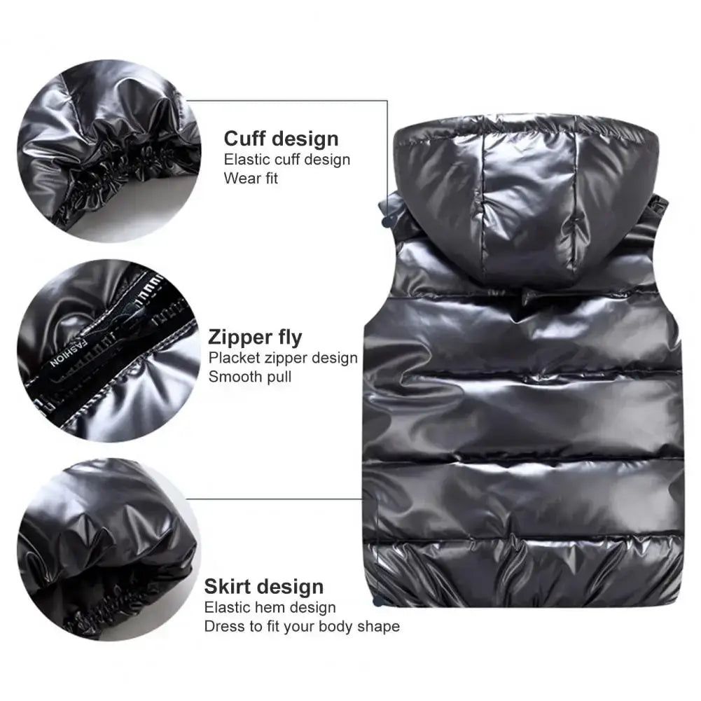 Black women hooded puffer vest with shiny quilted exterior and elastic cuffs and hem for warm winter outerwear
