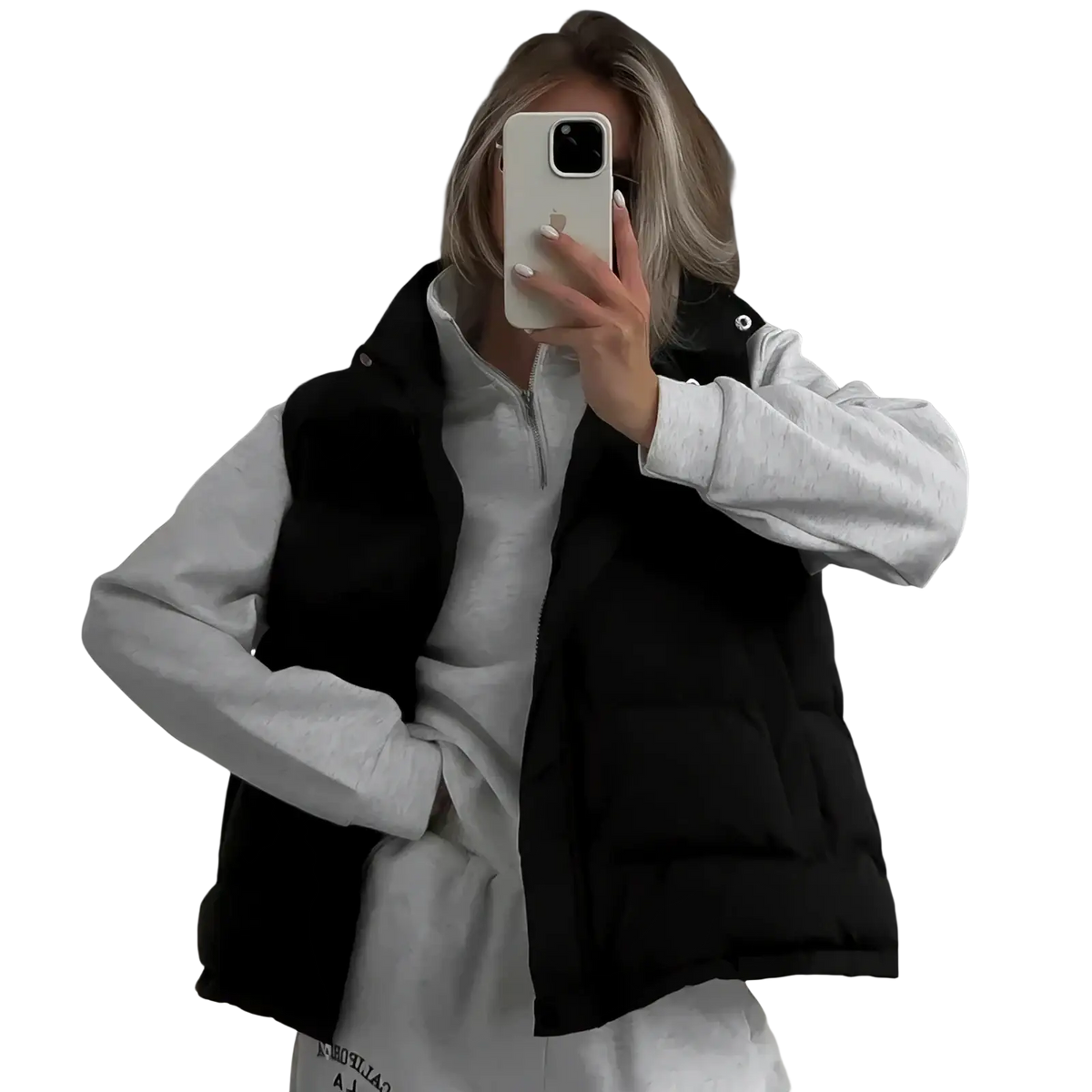 Black women hooded puffer vest with quilted design and snap buttons on shoulders for warm winter outerwear