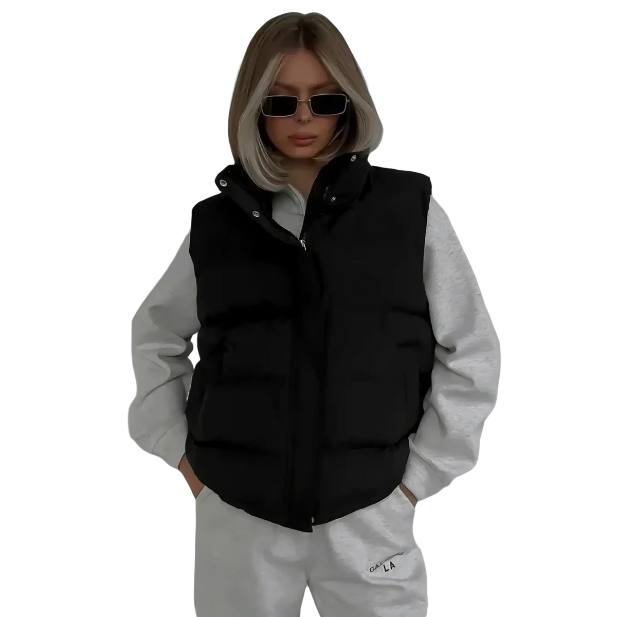 Black women hooded puffer vest with quilted design silver zipper and snap buttons warm winter outerwear