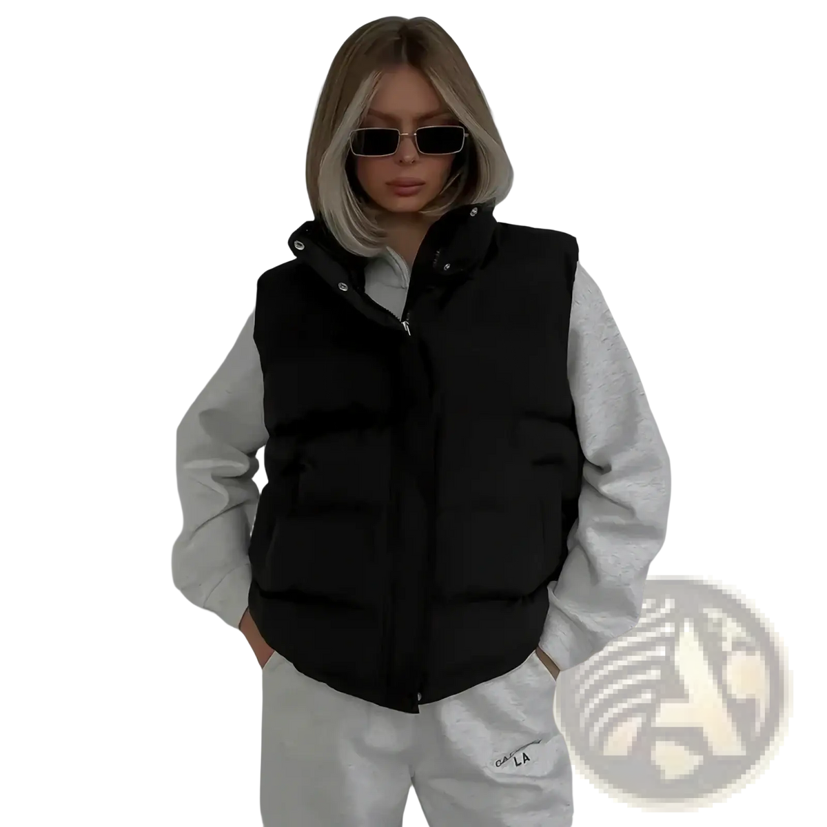 Black women hooded puffer vest with quilted design silver zipper and snap buttons warm winter outerwear