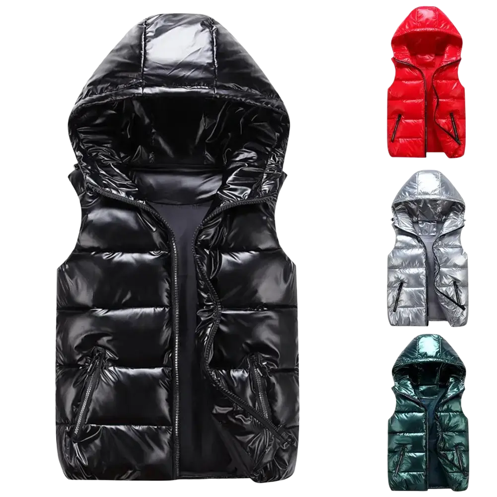 Black shiny hooded puffer vest for women with front zipper warm winter outerwear made of insulated material