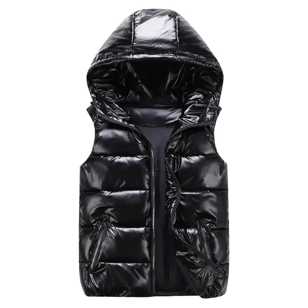 Black shiny women hooded puffer vest with front zipper designed for warm winter outerwear use