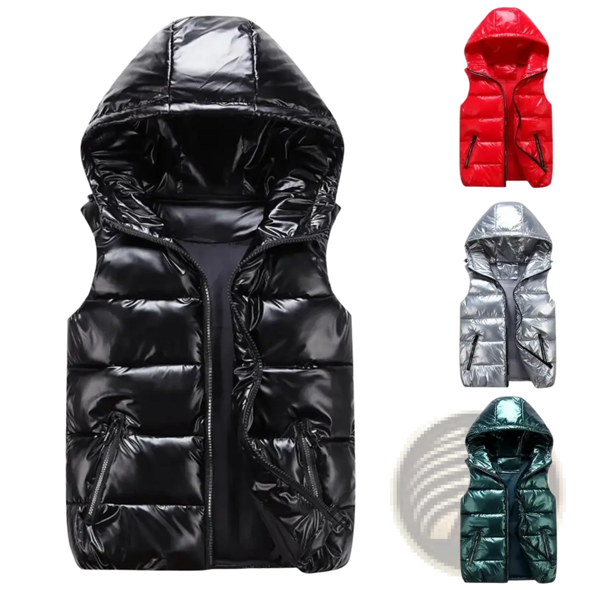 Black shiny hooded puffer vest for women with front zipper warm winter outerwear made of insulated material
