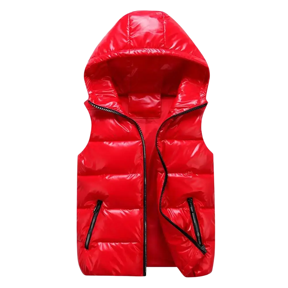 Bright red glossy nylon women hooded puffer vest with black zipper accents ideal for warm winter outerwear