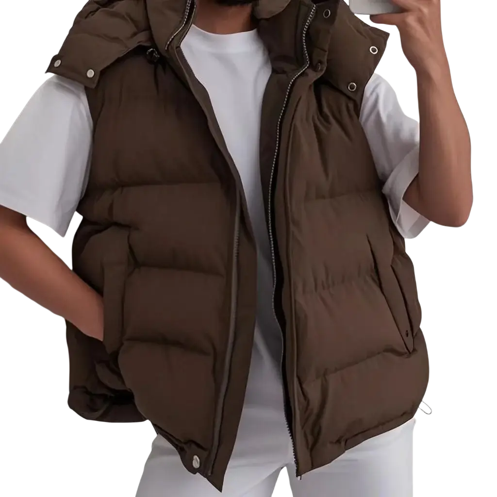 Brown women hooded puffer vest with front zipper and two side pockets warm winter outerwear