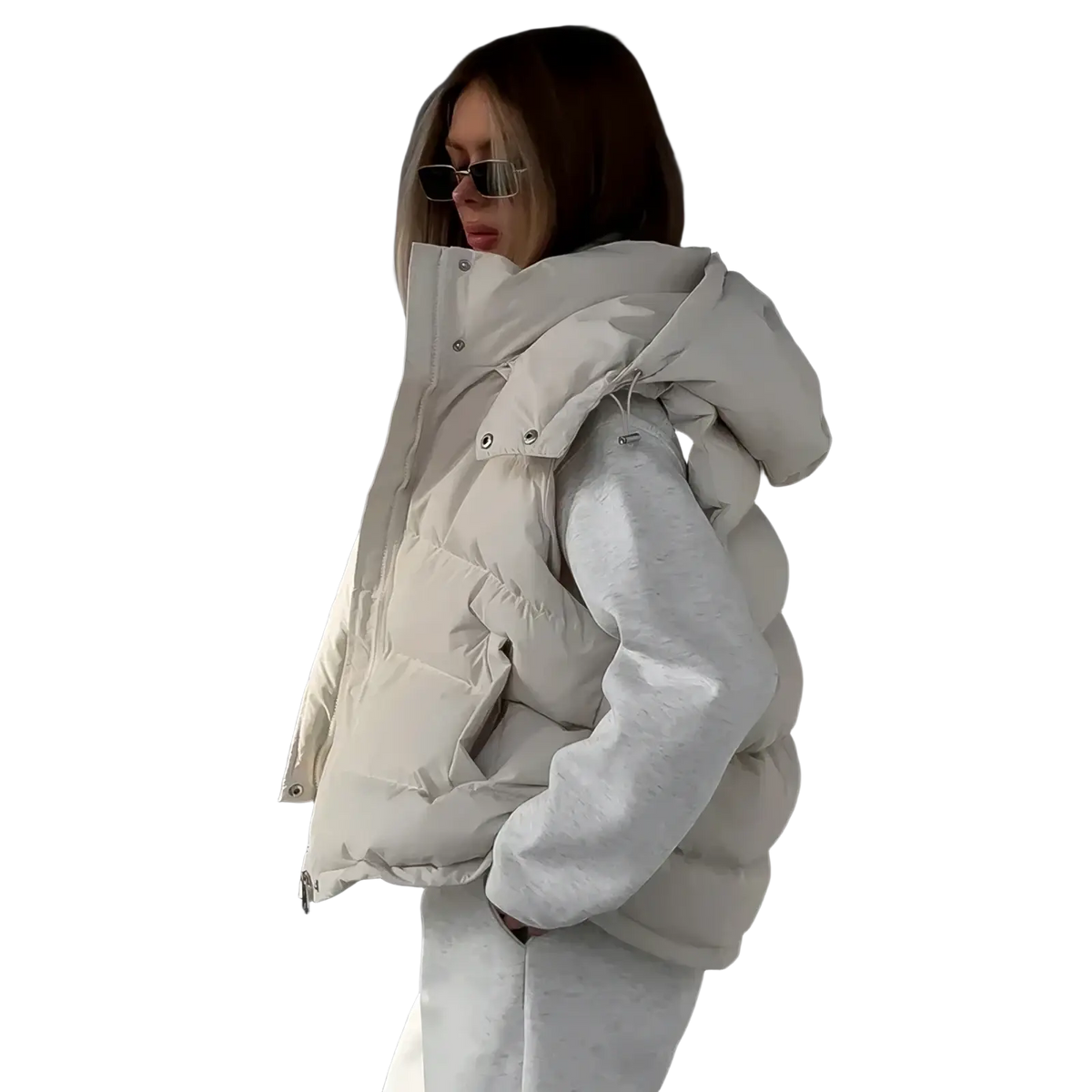 Cream-colored women hooded puffer vest with quilted design for warm winter outerwear