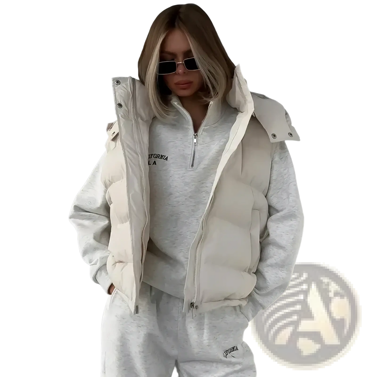 Cream-colored women hooded puffer vest with quilted design and adjustable hood warm winter outerwear