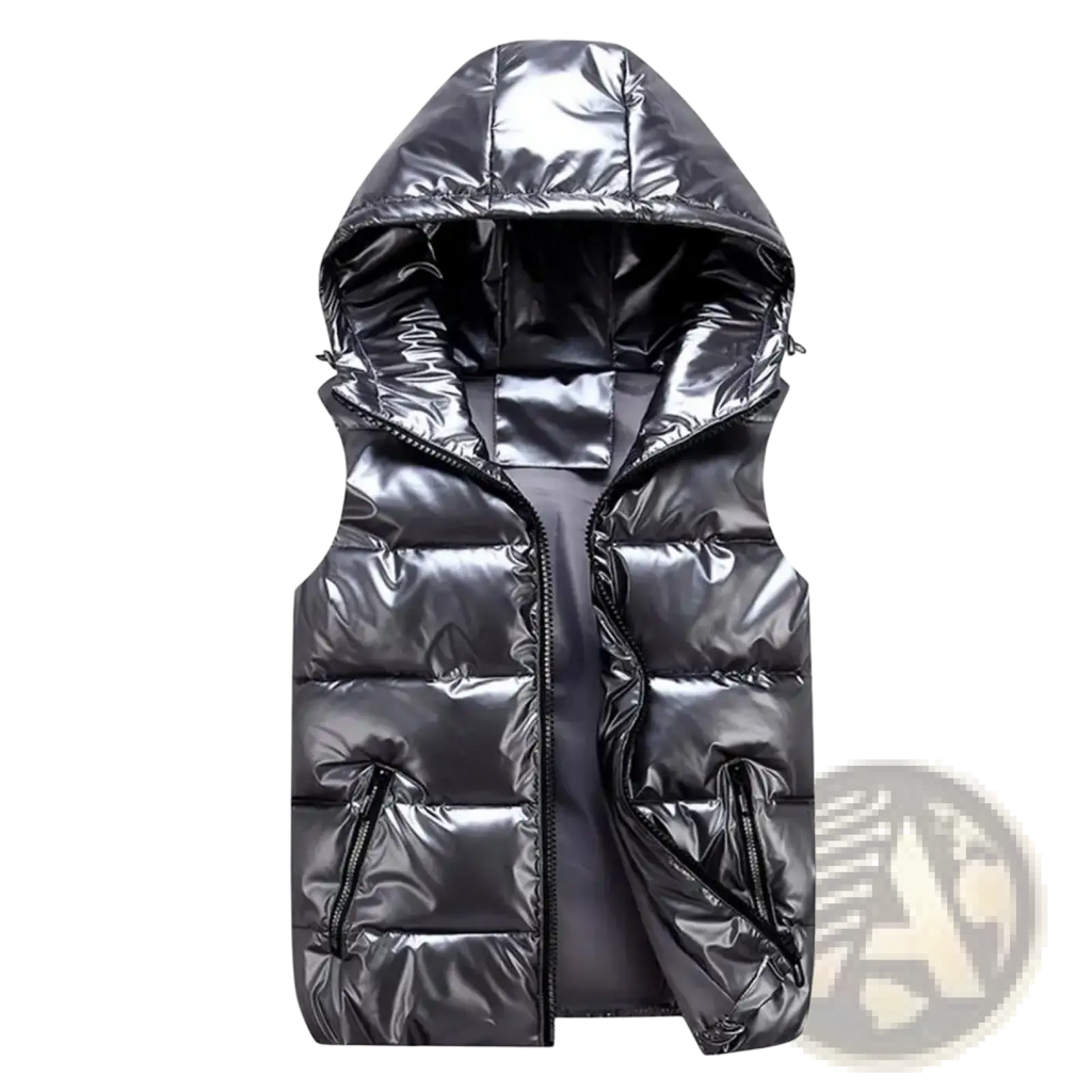 Shiny black women hooded puffer vest with front zipper designed for warm winter outerwear use