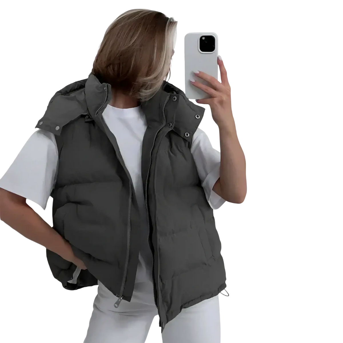 Women hooded puffer vest in dark gray quilted fabric with front zipper for warm winter outerwear
