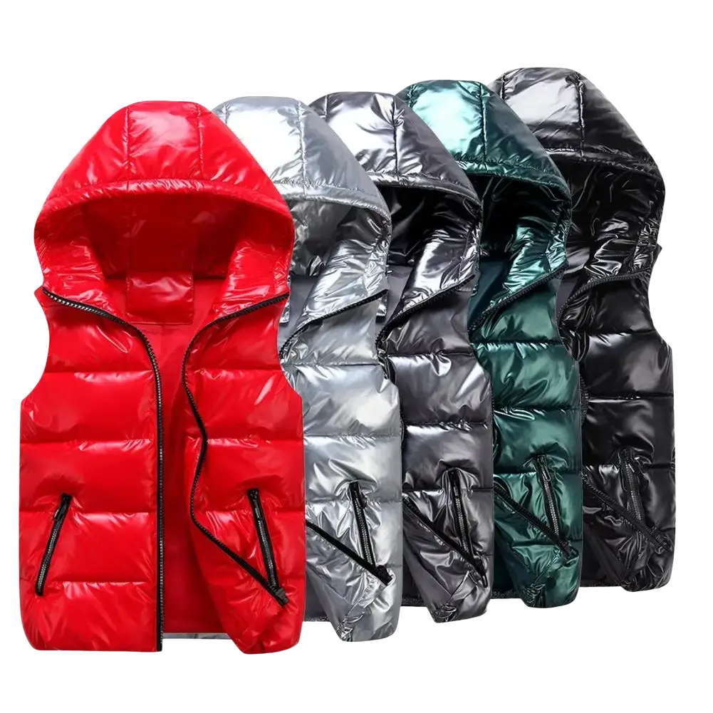 Women hooded puffer vest in red shiny material with black zipper accents for warm winter outerwear use