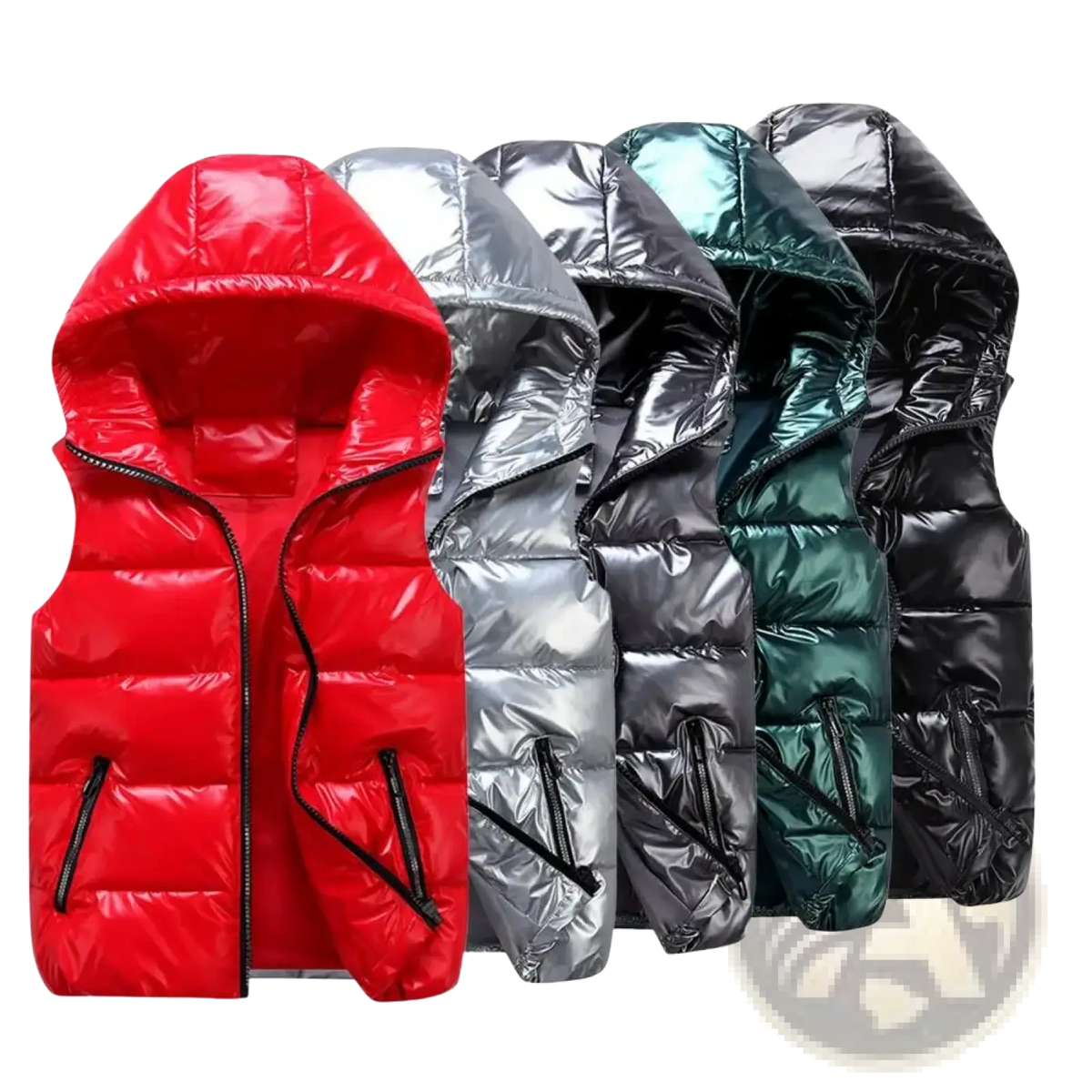 Women hooded puffer vest in red shiny material with black zipper accents for warm winter outerwear use