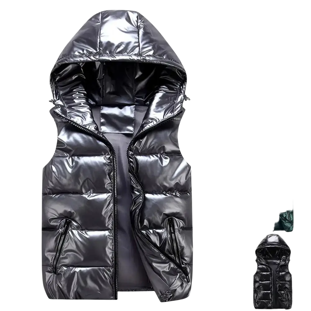 Women hooded puffer vest in shiny black with front zipper and two side pockets for warm winter outerwear