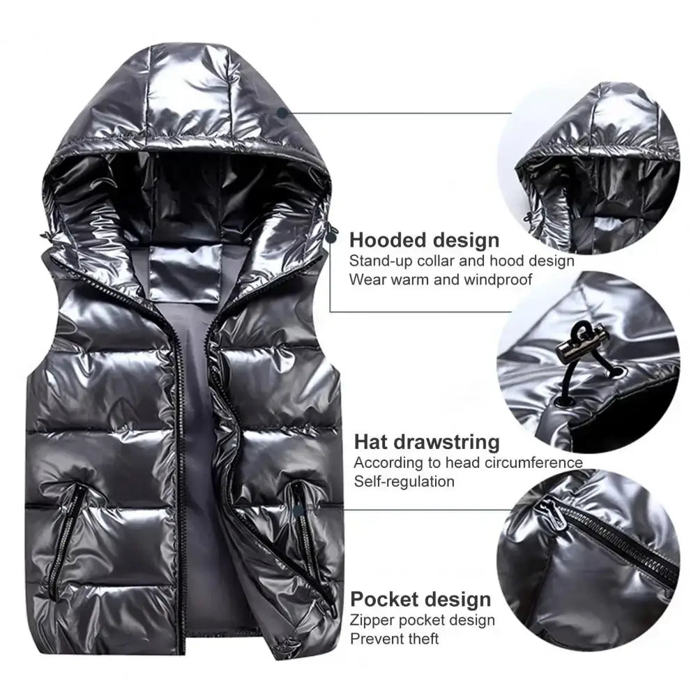Women hooded puffer vest in shiny black with zipper pockets and adjustable drawstring for warm winter outerwear