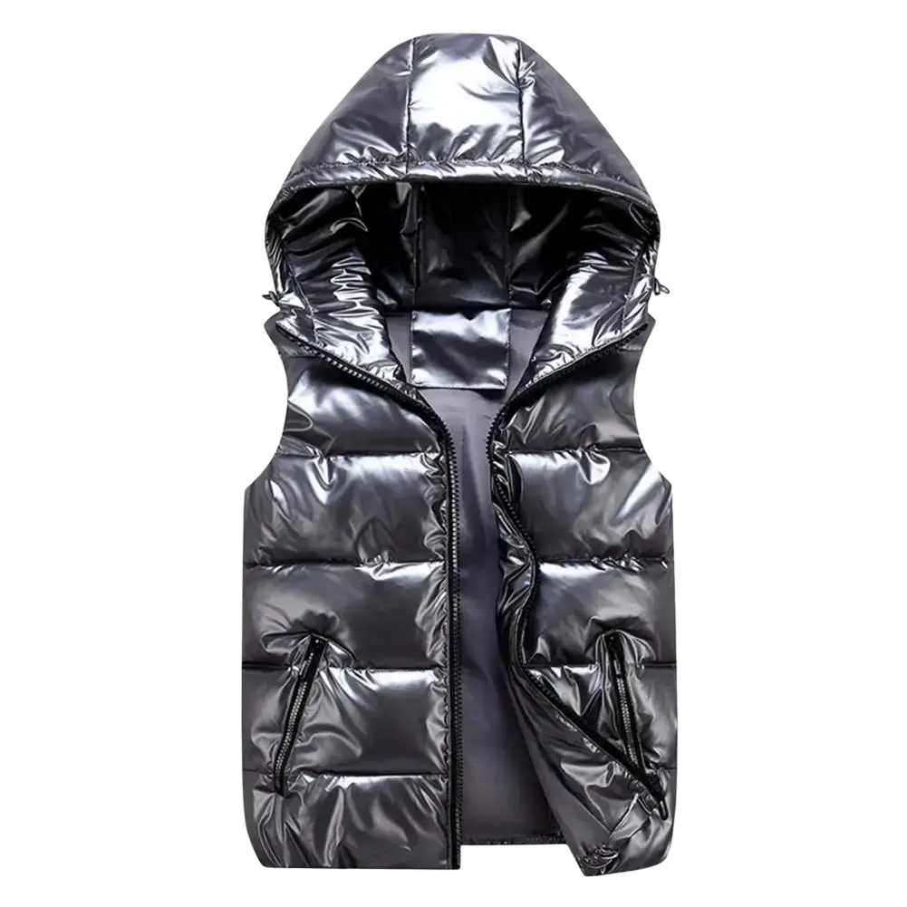 Shiny black women hooded puffer vest with front zipper designed for warm winter outerwear use