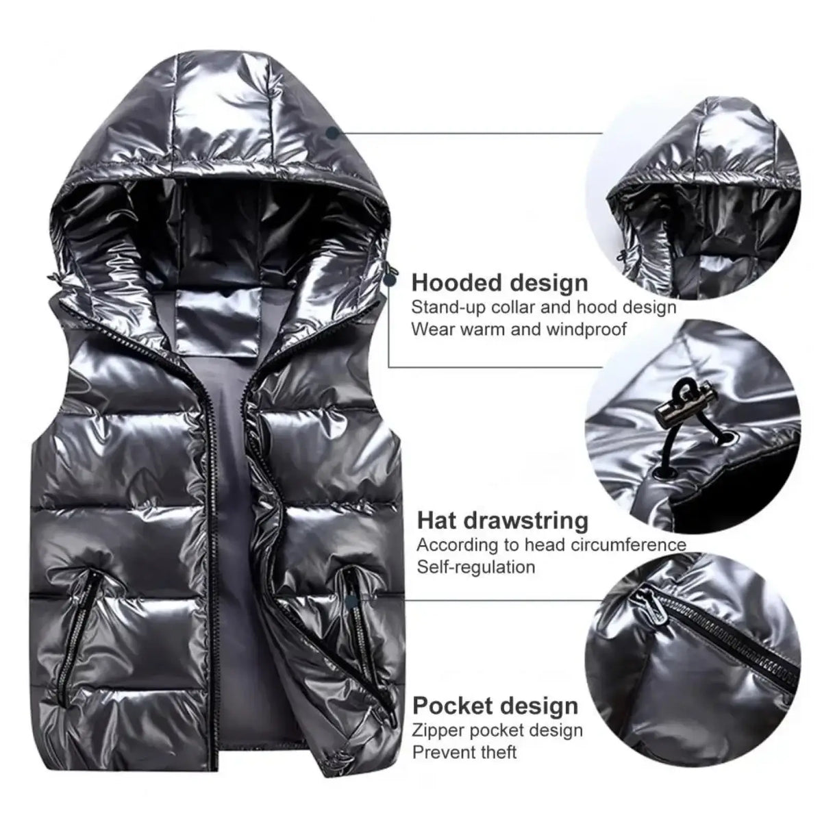 Women hooded puffer vest in shiny black with zipper pockets and adjustable drawstring for warm winter outerwear