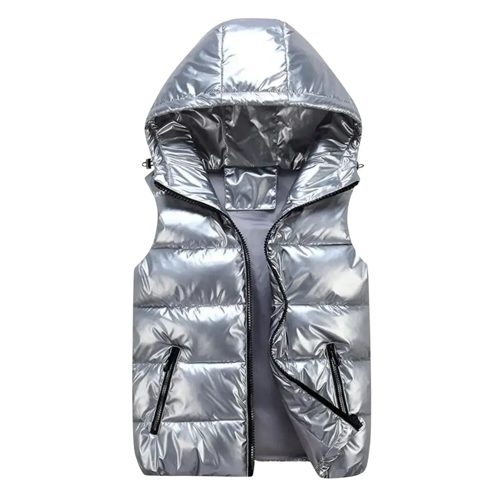 Women hooded puffer vest in shiny silver with black zipper accents designed for warm winter outerwear