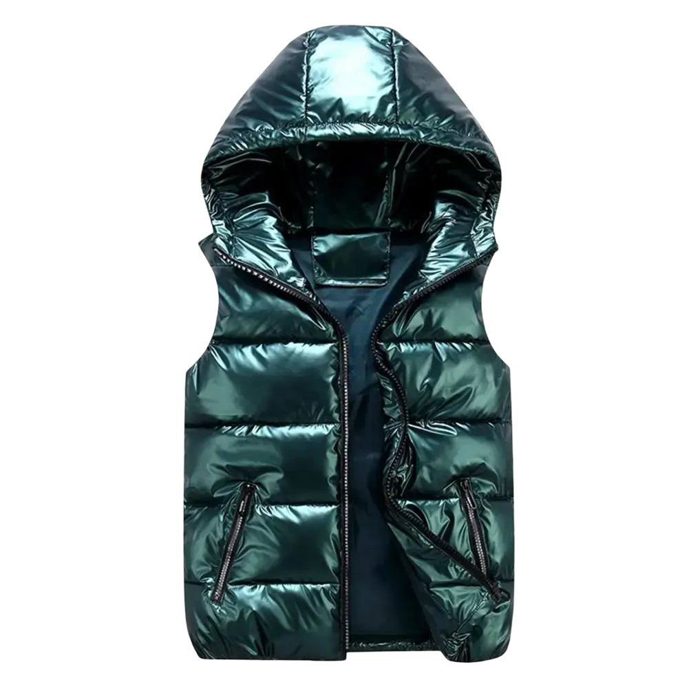 Shiny teal metallic hooded puffer vest with black zippers and quilted design for women winter outerwear